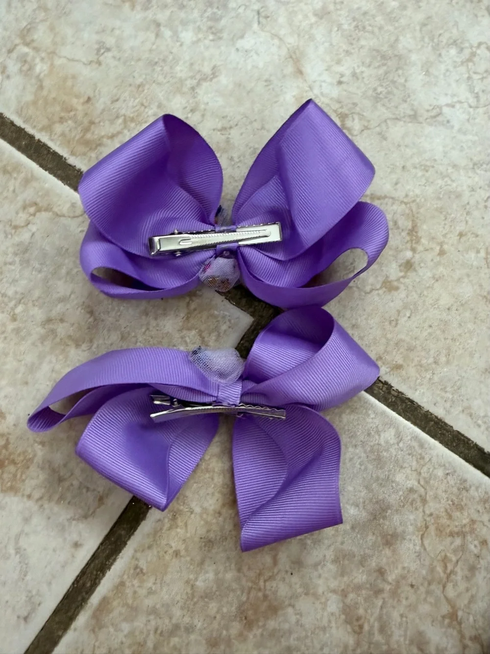 Purple Ribbon Hair Bows with Flower Accents - Kids Accessories